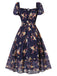 Navy Blue Floral Bubble Sleeves Dress, vintage dress, retro fashion, floral print - perfect for women who love vintage and retro fashion