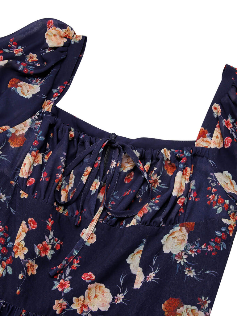 Navy Blue Floral Bubble Sleeves Dress, vintage dress, retro fashion, floral print - perfect for women who love vintage and retro fashion