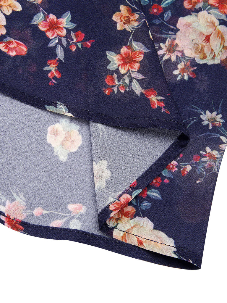Navy Blue Floral Bubble Sleeves Dress, vintage dress, retro fashion, floral print - perfect for women who love vintage and retro fashion