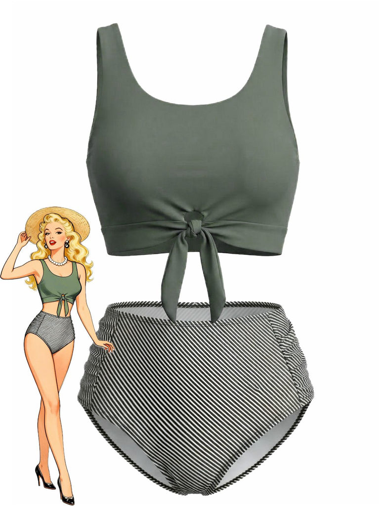 Olive Green 1940s Tie Front High-Waist Tankini Set, vintage tie, classic accessory - perfect for women who love vintage and retro fashion
