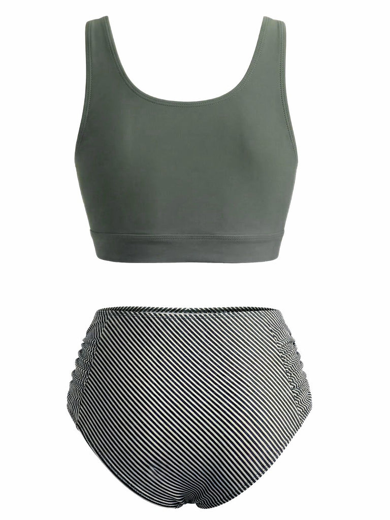 Olive Green 1940s Tie Front High-Waist Tankini Set, vintage tie, classic accessory - perfect for women who love vintage and retro fashion