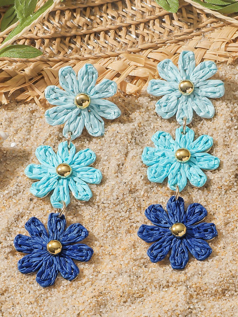 Ombre Raffia Woven Daisy Triple Drop Earrings - vintage jewelry, Art Deco for vintage lovers