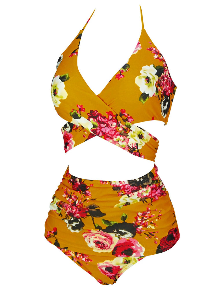 Orange 1930s Floral Cross Bind Halter Swimsuit: 1930s Riviera elegance, reimagined for her