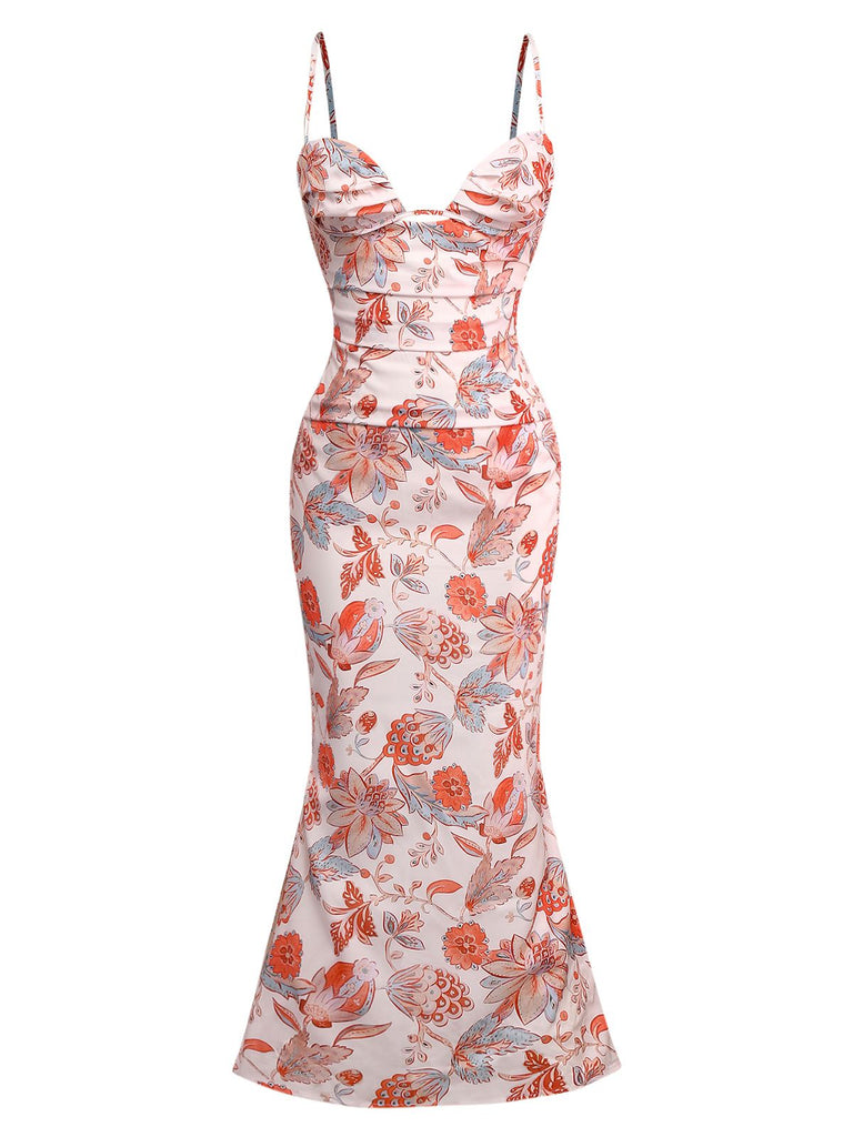 Orange 1930s Floral Strappy Maxi Dress - vintage dress, retro fashion