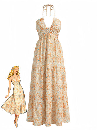 Orange 1940s Floral Halter Vacation Dress - vintage dress, retro fashion, floral print for vintage lovers
