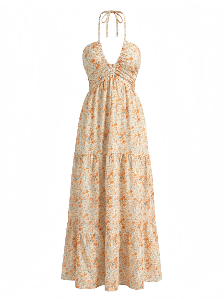 Orange 1940s Floral Halter Vacation Dress - vintage dress, retro fashion, floral print for vintage lovers