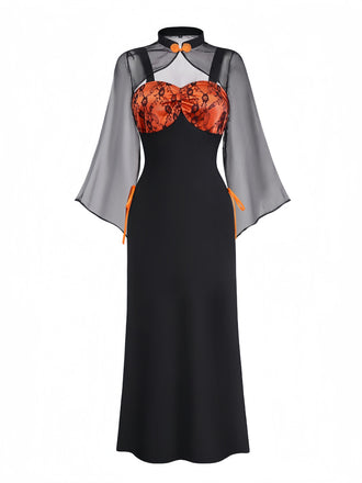 Orange 1940s Floral Lace Dress With Cape & Hat, vintage dress, retro fashion, floral print, lace detail - perfect for women who love vintage and retro fashion