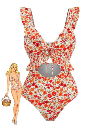 Orange-1940s-Floral-Ruffled-Cutout-One-Piece-Swimsuit, vintage, retro, swimwear