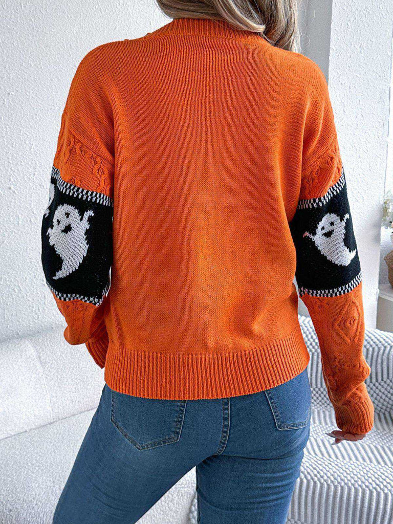 Orange 1940s Halloween Ghost Knit Sweater - vintage fashion, retro style