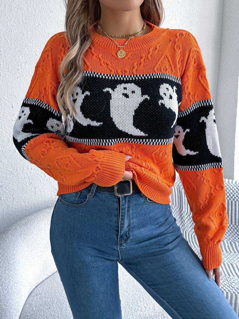 Orange 1940s Halloween Ghost Knit Sweater - vintage fashion, retro style