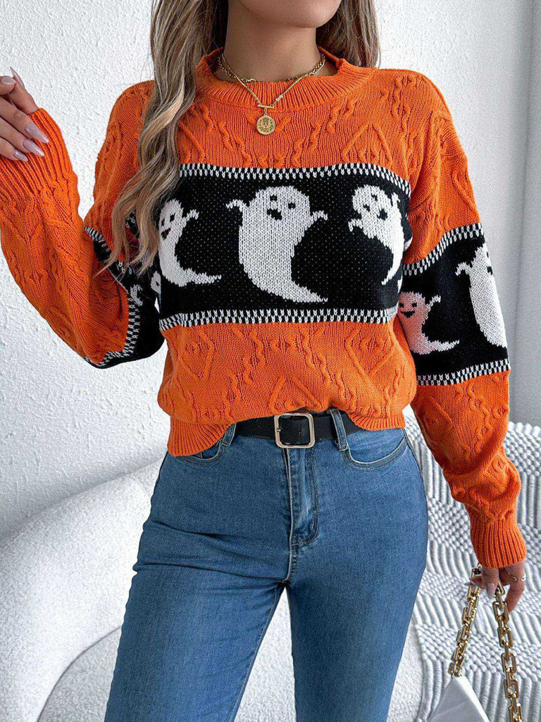 Orange 1940s Halloween Ghost Knit Sweater - vintage fashion, retro style