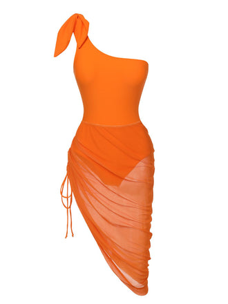 Orange 1940s Solid Swimsuit & High Low Cover-Up, vintage swimsuit, pin-up swimwear - perfect for women who love vintage and retro fashion