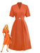Orange 1940s V-Neck Brooch Button Solid Dress - vintage dress, retro fashion