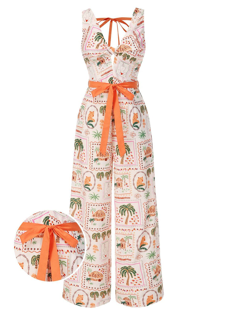Orange 1950s Beach Stamps Twisted Jumpsuit - vintage jumpsuit, retro fashion