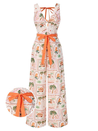 Orange 1950s Beach Stamps Twisted Jumpsuit - vintage jumpsuit, retro fashion