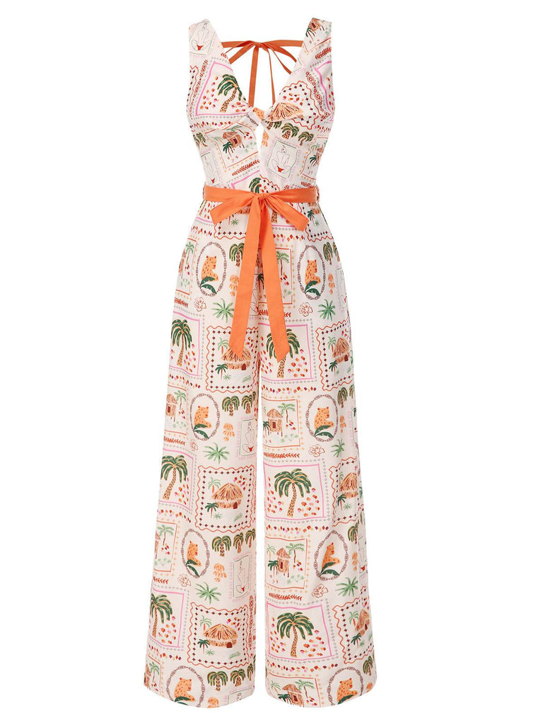 Orange 1950s Beach Stamps Twisted Jumpsuit - vintage jumpsuit, retro fashion