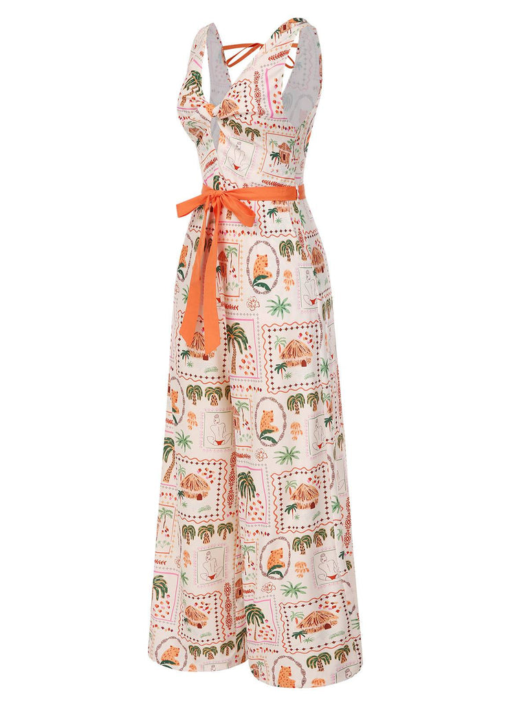 Orange 1950s Beach Stamps Twisted Jumpsuit - vintage jumpsuit, retro fashion