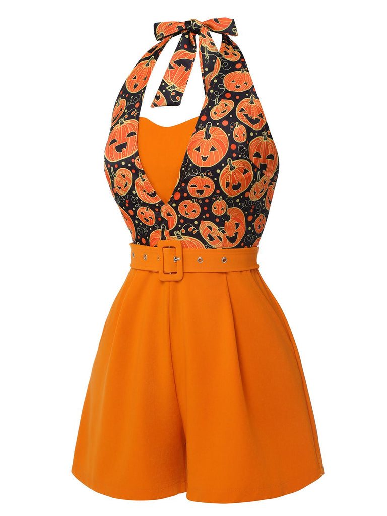 Orange 1950s Halloween Pumpkin Halter Romper, vintage romper, retro jumpsuit - perfect for women who love vintage and retro fashion