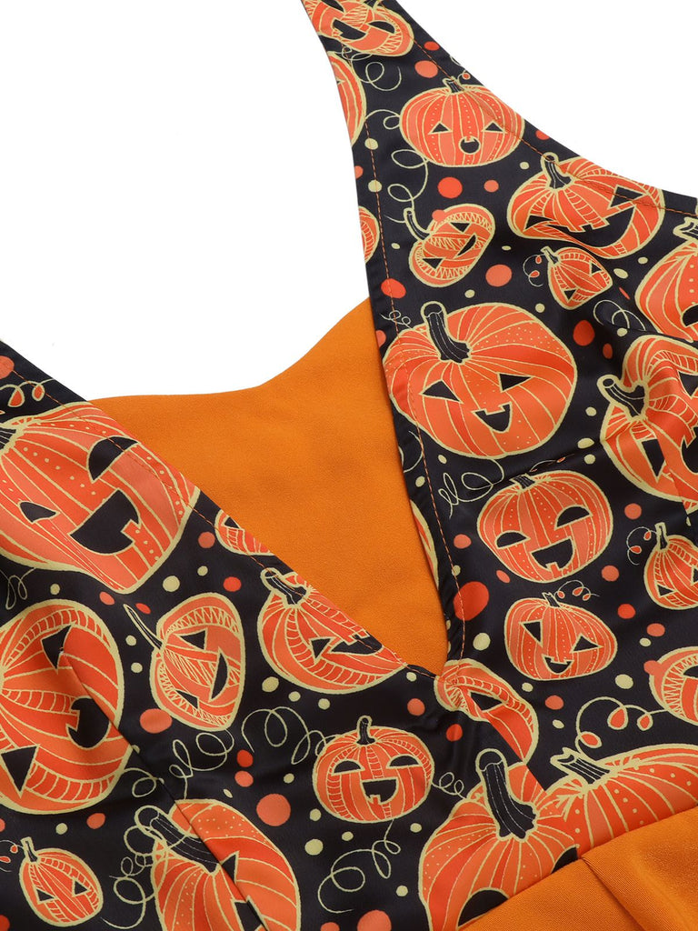 Orange 1950s Halloween Pumpkin Halter Romper, vintage romper, retro jumpsuit - perfect for women who love vintage and retro fashion