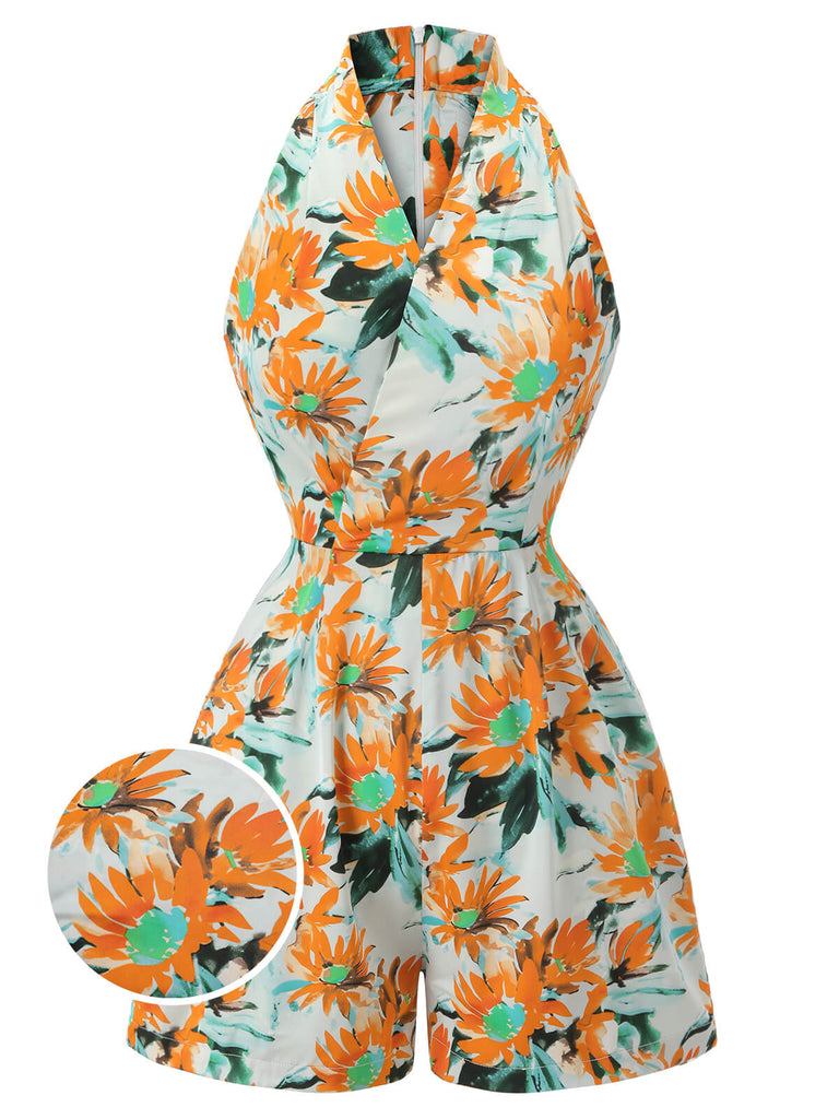 Orange 1950s Painted Sunflower V-Neck Romper, vintage romper, retro jumpsuit - perfect for women who love vintage and retro fashion