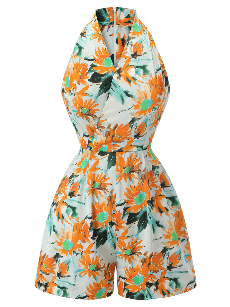 Orange 1950s Painted Sunflower V-Neck Romper, vintage romper, retro jumpsuit - perfect for women who love vintage and retro fashion