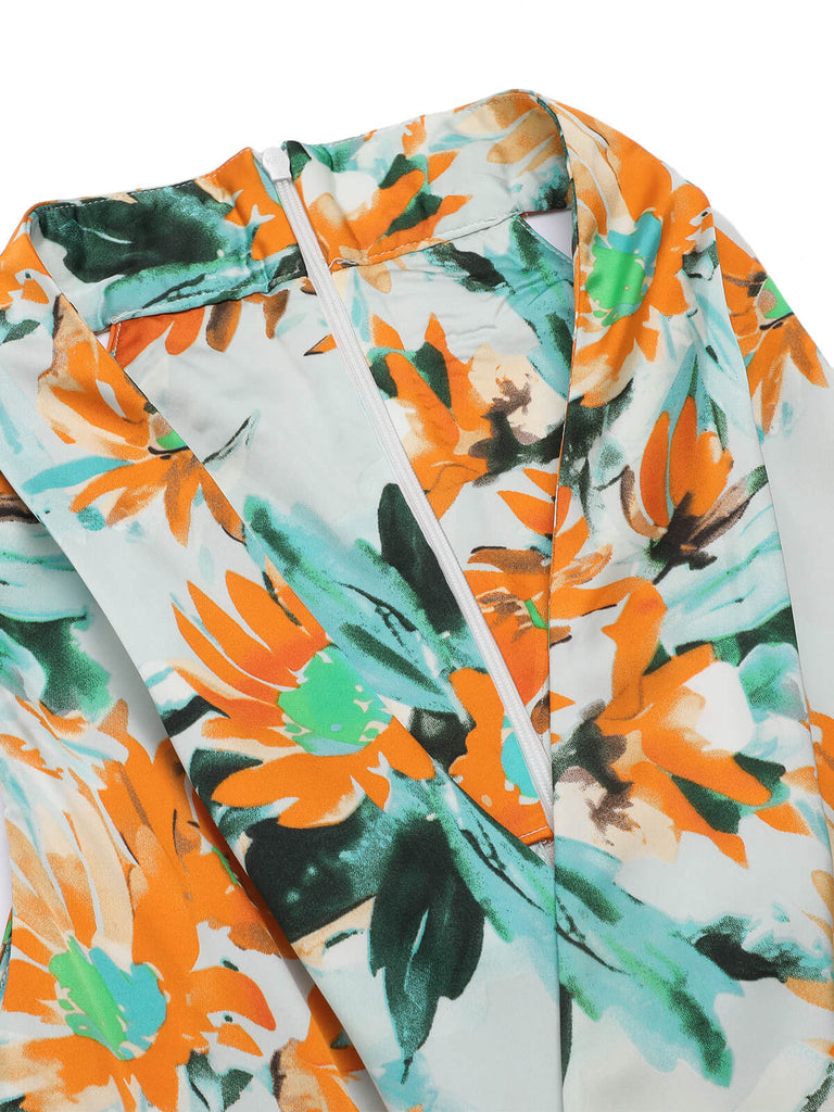 Orange 1950s Painted Sunflower V-Neck Romper, vintage romper, retro jumpsuit - perfect for women who love vintage and retro fashion