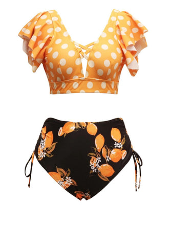 Orange 1950s Polka Dots Lemon Ruffled Bikini Set - vintage fashion, retro style