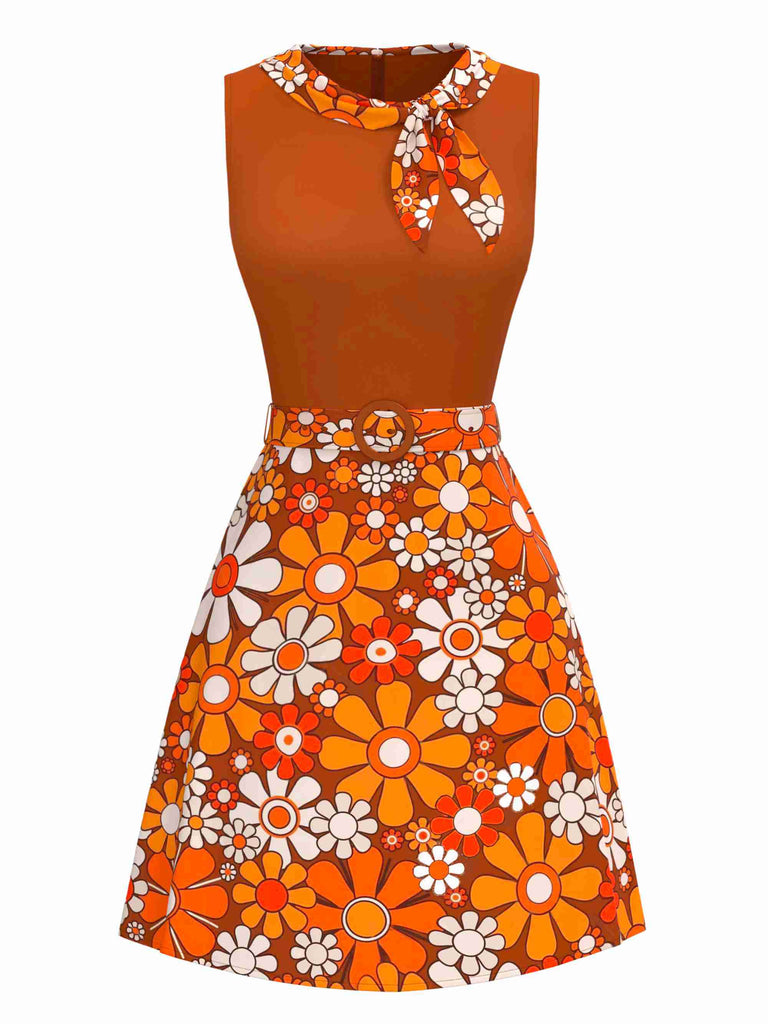 Orange 1960s Boho Psychedelic Floral Belted Dress - vintage dress, retro fashion