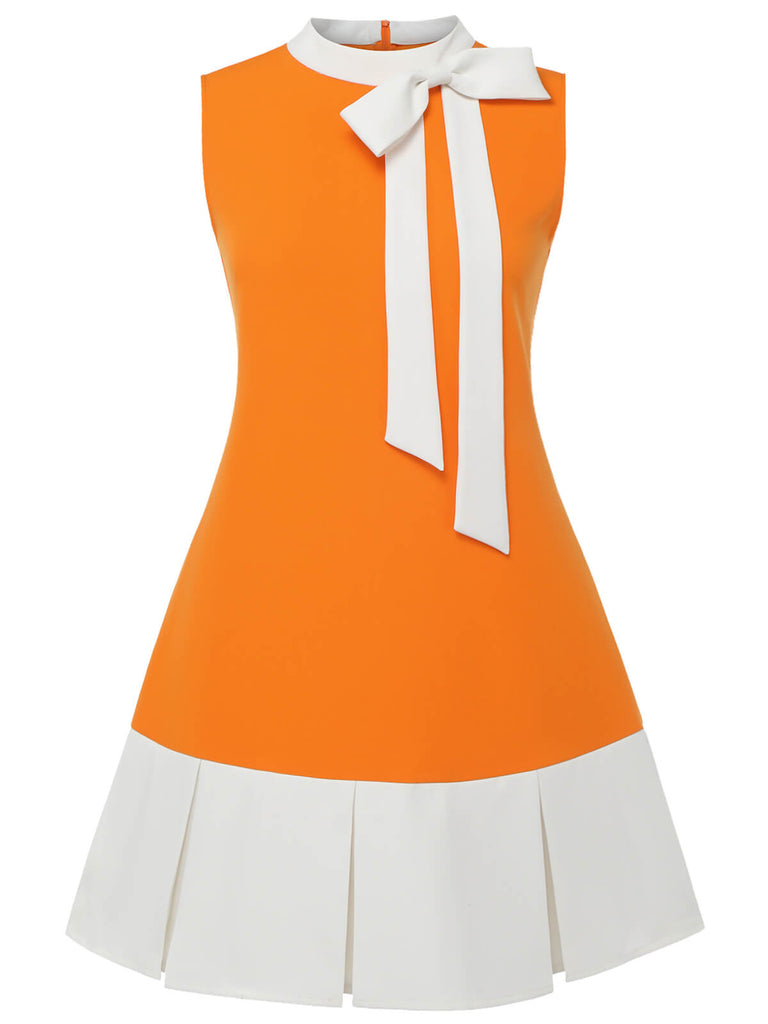 [Plus Size] Orange 1960s Bow Patchwork Sleeveless Dress, vintage dress, retro fashion - perfect for women who love vintage and retro fashion