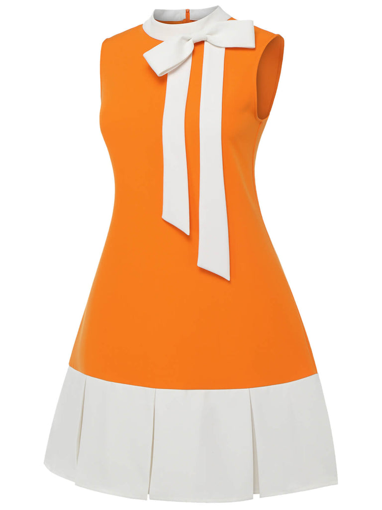 [Plus Size] Orange 1960s Bow Patchwork Sleeveless Dress, vintage dress, retro fashion - perfect for women who love vintage and retro fashion