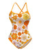 This Orange 1960s Daisy Cross Back One-Piece Swimsuit carries 1960s vacation dreams in every stitch