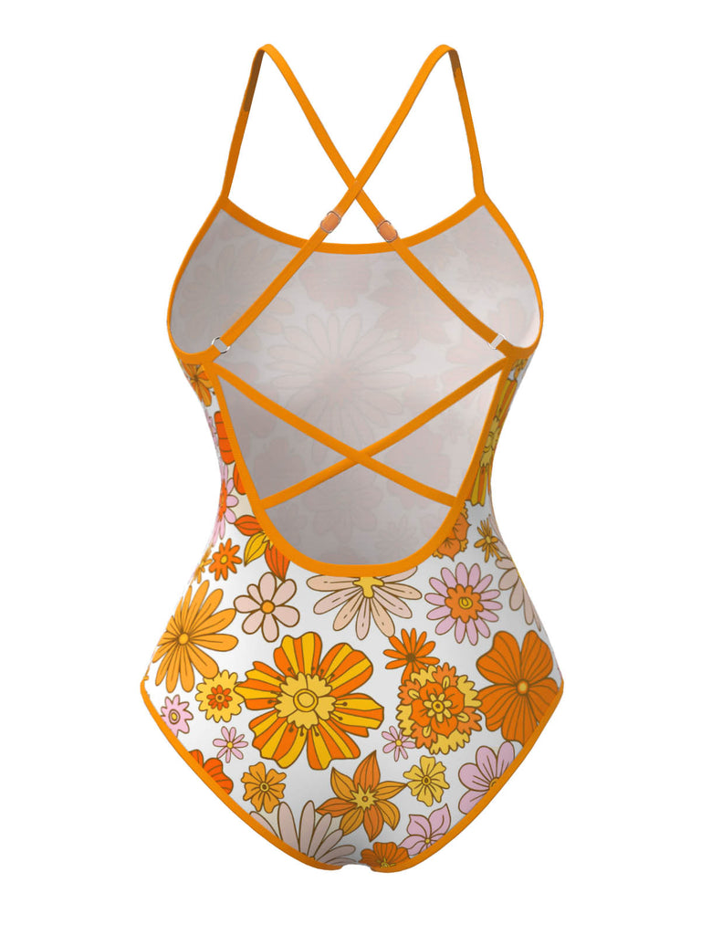Orange 1960s Daisy Cross Back One-Piece Swimsuit — because 1960s glamour never goes out of style