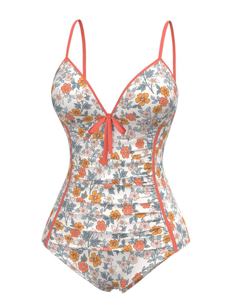 Orange 1960s Daisy Lace-Up One-Piece Swimsuit: beautiful vintage swimwear, retro swimsuit, pin-up style with timeless appeal