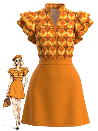 Orange Color 1960s Floral Patchwork Classic Dress 3