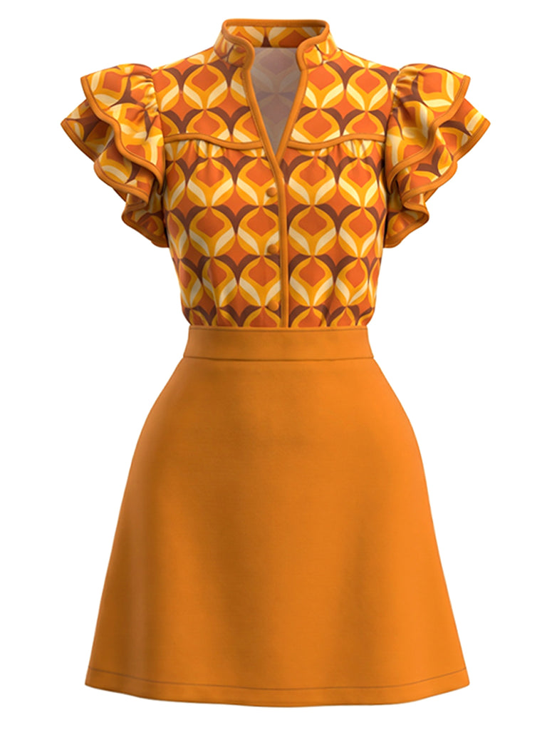 Orange Color 1960s Floral Patchwork Classic Dress