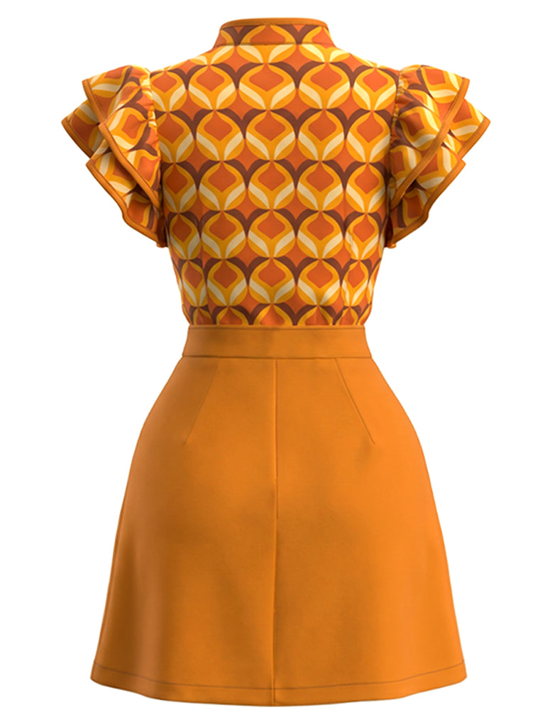 Orange Color 1960s Floral Patchwork Classic Dress 2