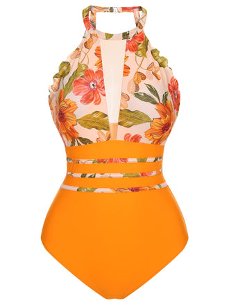 She's wearing Orange 1960s Halter Floral One-Piece Swimsuit and the whole beach remembers the 1960s