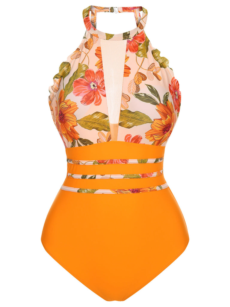 Orange 1960s Halter Floral One-Piece Swimsuit, vintage swimsuit, pin-up swimwear - perfect for women who love vintage and retro fashion