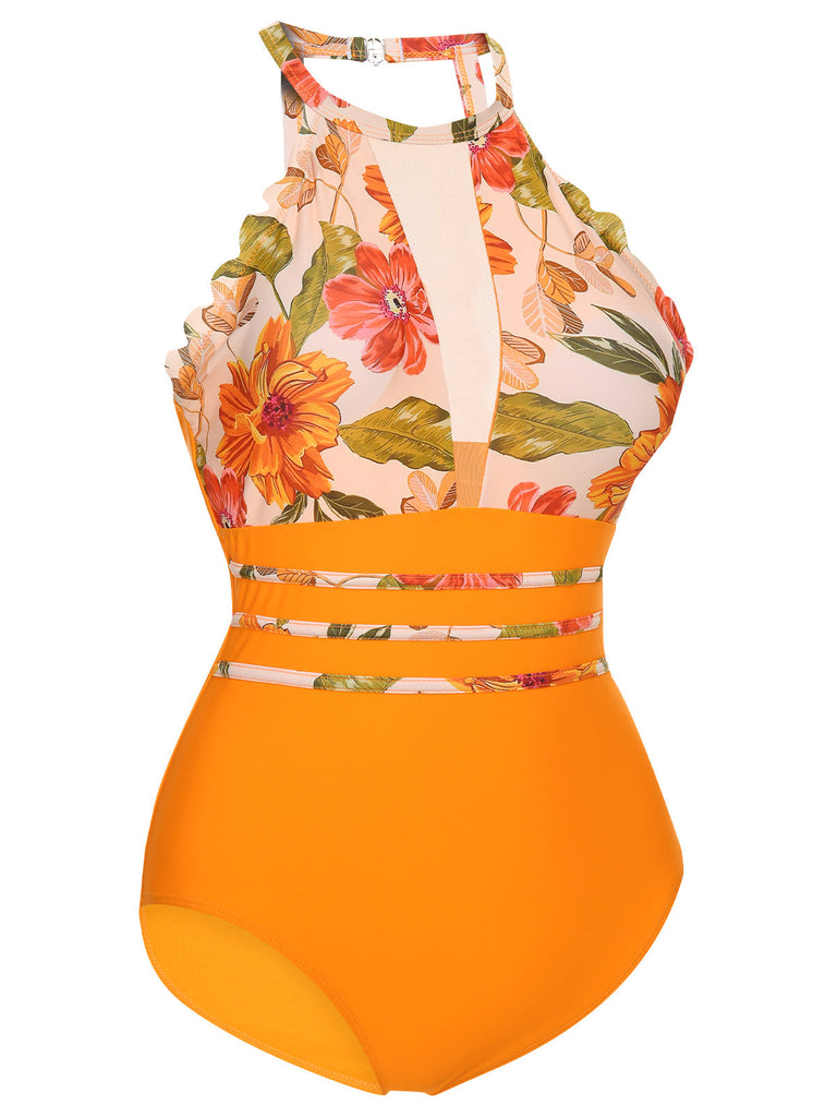 Orange 1960s Halter Floral One-Piece Swimsuit, vintage swimsuit, pin-up swimwear - perfect for women who love vintage and retro fashion