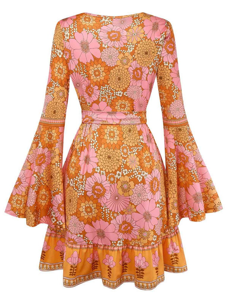 Orange 1960s Hippe Bell Sleeve Floral Dress - vintage dress, retro fashion