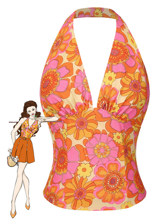Orange 1960s Hippie Floral Halter Top - vintage fashion, retro style