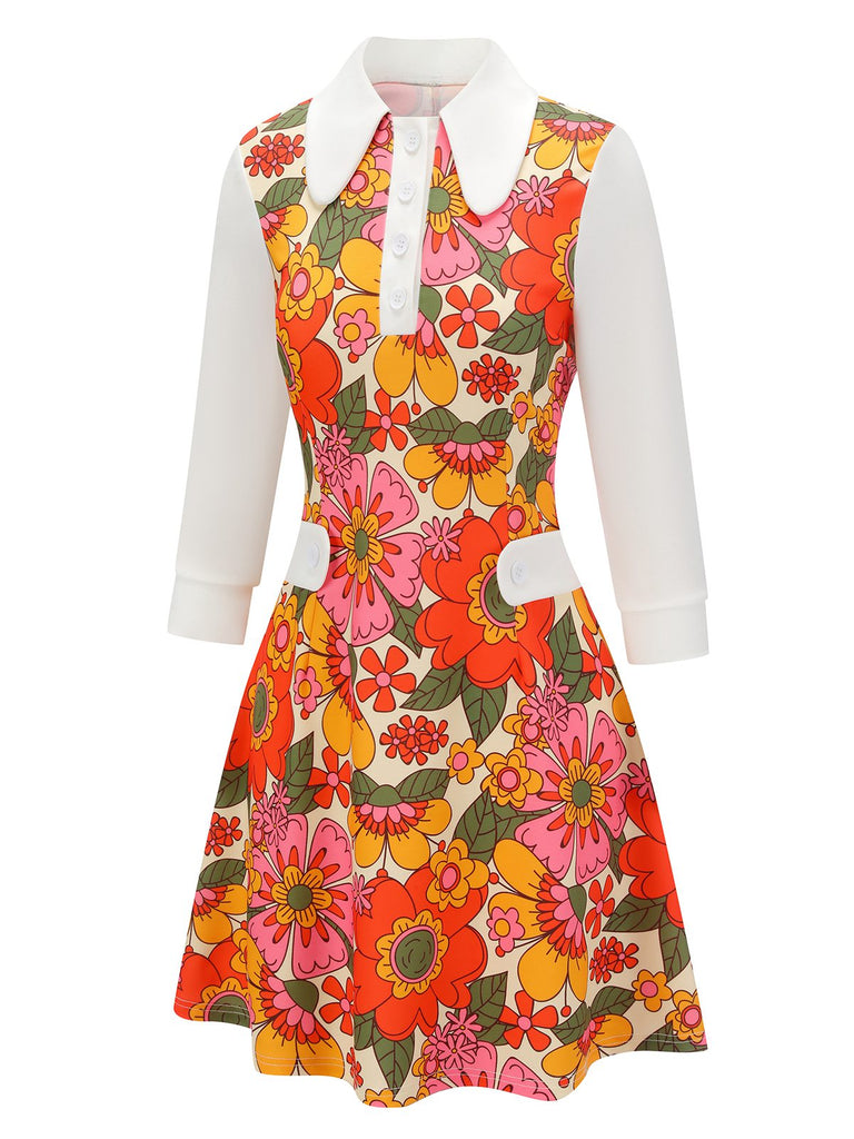 Orange 1960s Lapel Flowers Patchwork Dress: timeless style reimagined