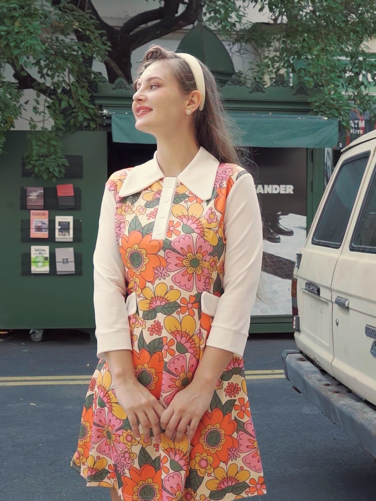 Orange 1960s Lapel Flowers Patchwork Dress: where 1960s romance meets her modern spirit