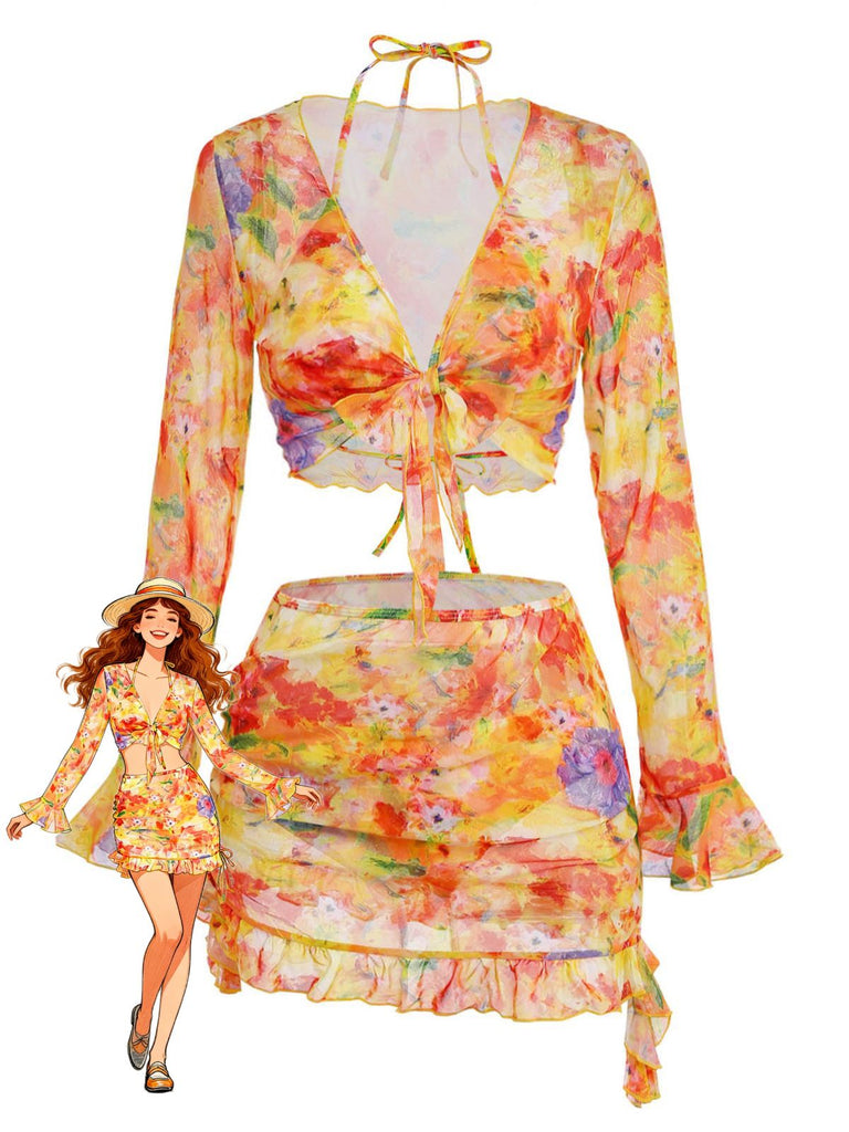 Orange 1960s Print Long Sleeve Tankini 2