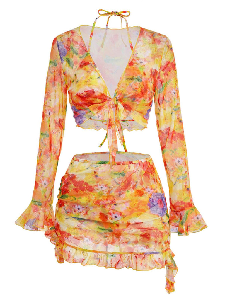 Orange 1960s Print Long Sleeve Tankini 9