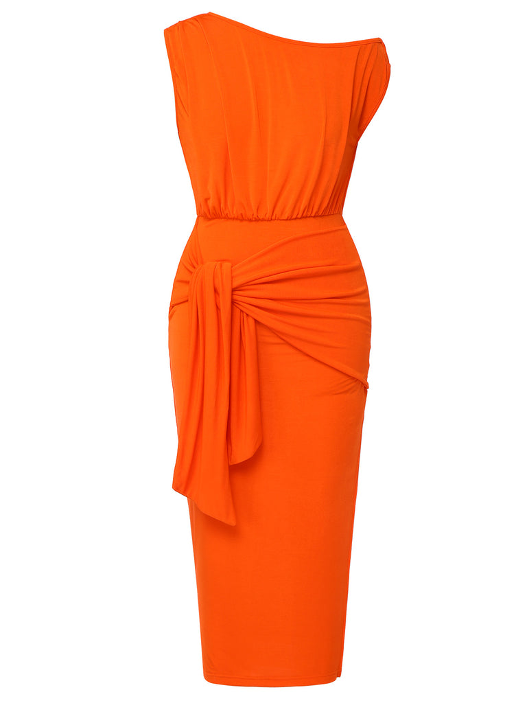 Orange 1960s Solid One Shoulder Sleeveless Dress, vintage dress, retro fashion - perfect for women who love vintage and retro fashion