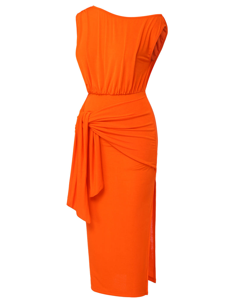 Orange 1960s Solid One Shoulder Sleeveless Dress, vintage dress, retro fashion - perfect for women who love vintage and retro fashion