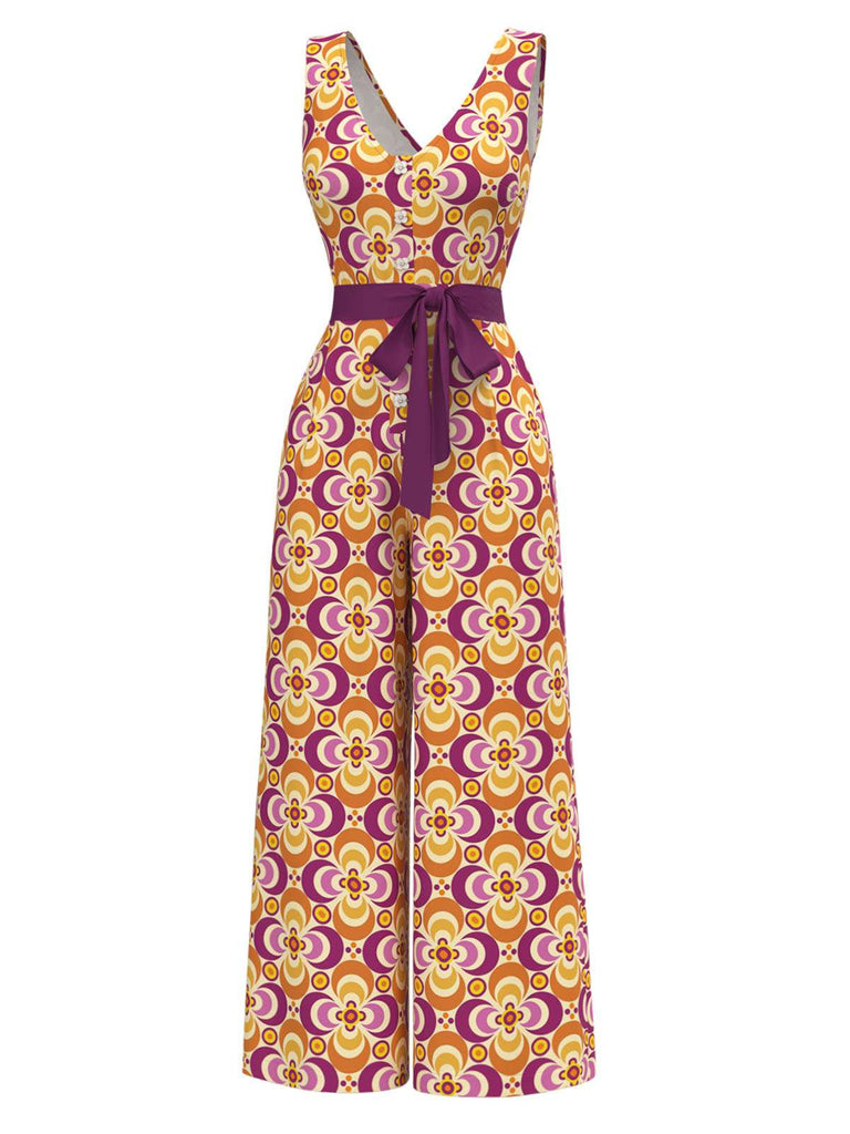 Orange 1960s V-Neck Belted Floral Printed Jumpsuit - vintage jumpsuit, retro fashion