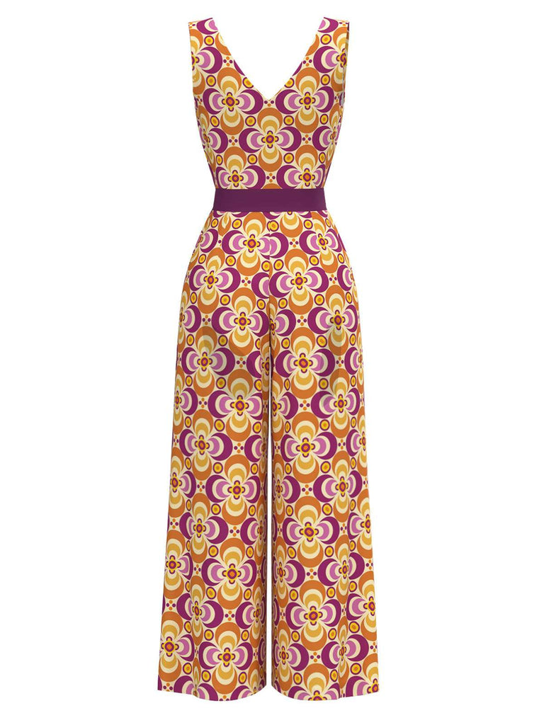 Orange 1960s V-Neck Belted Floral Printed Jumpsuit - vintage jumpsuit, retro fashion