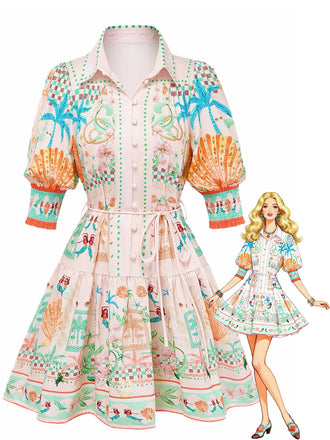 Orange 1970s Boho Pastel Print Button Tie-Waist Dress - vintage dress, retro fashion for vintage lovers